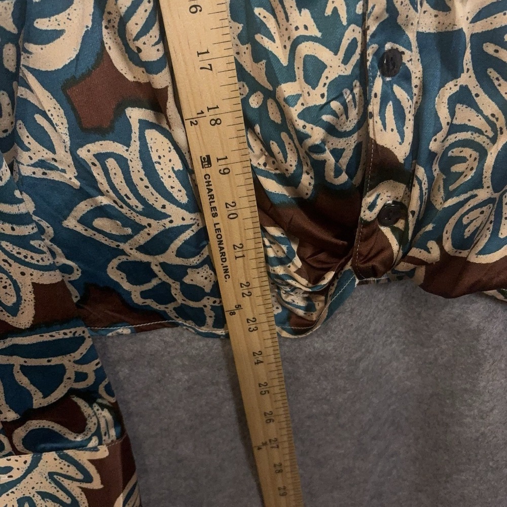 Finley Satin Blouse Womens Sz L Brown Blue Floral Twist Front French Cuffs - Picture 6 of 7